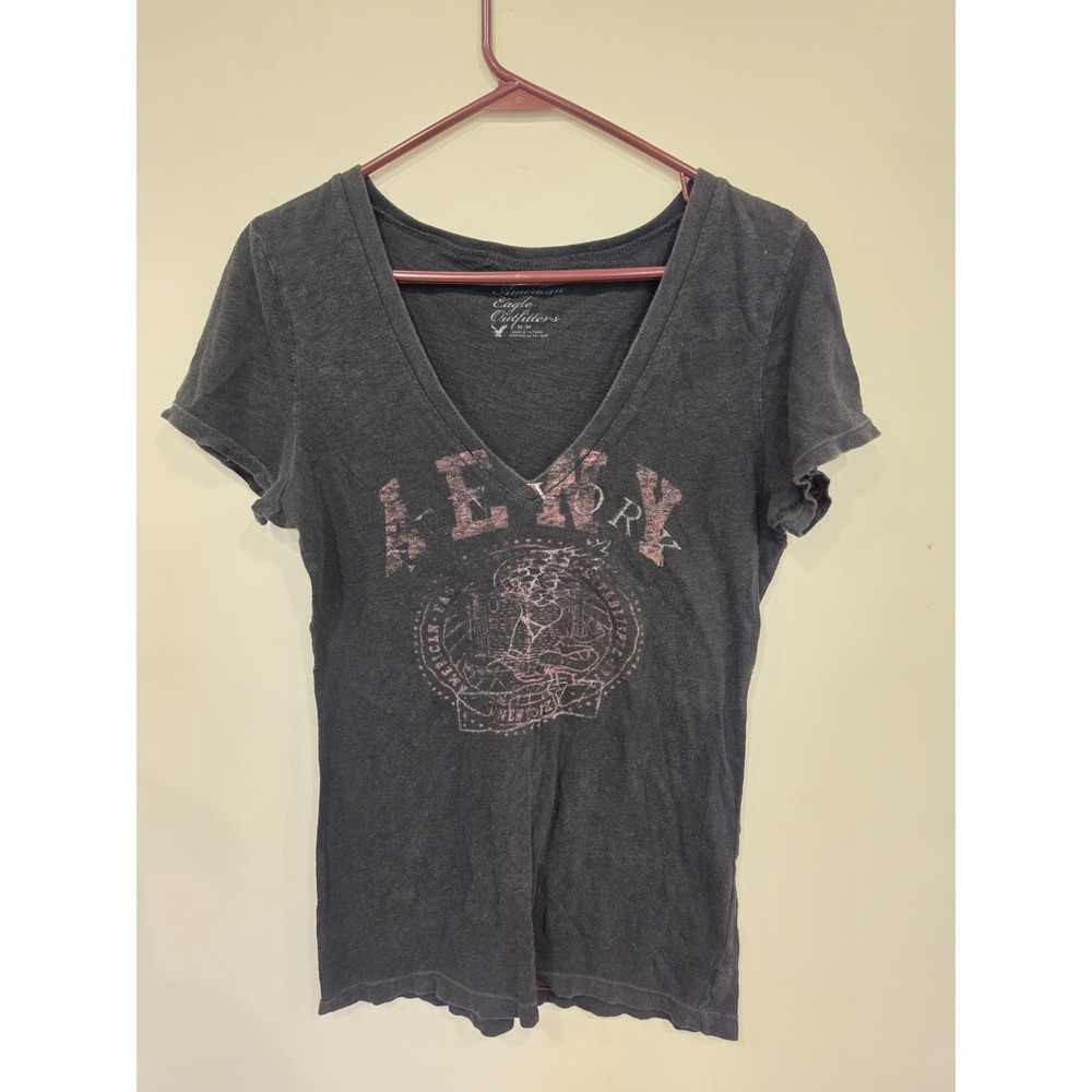 American Eagle Outfitters Y2K Graphic V Neck Tee M Black Faded Distressed 2000s
